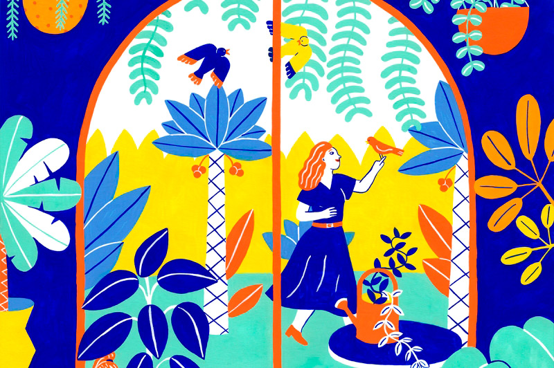 illustration d'une serre remplie de plantes avec un personnage et des oiseaux