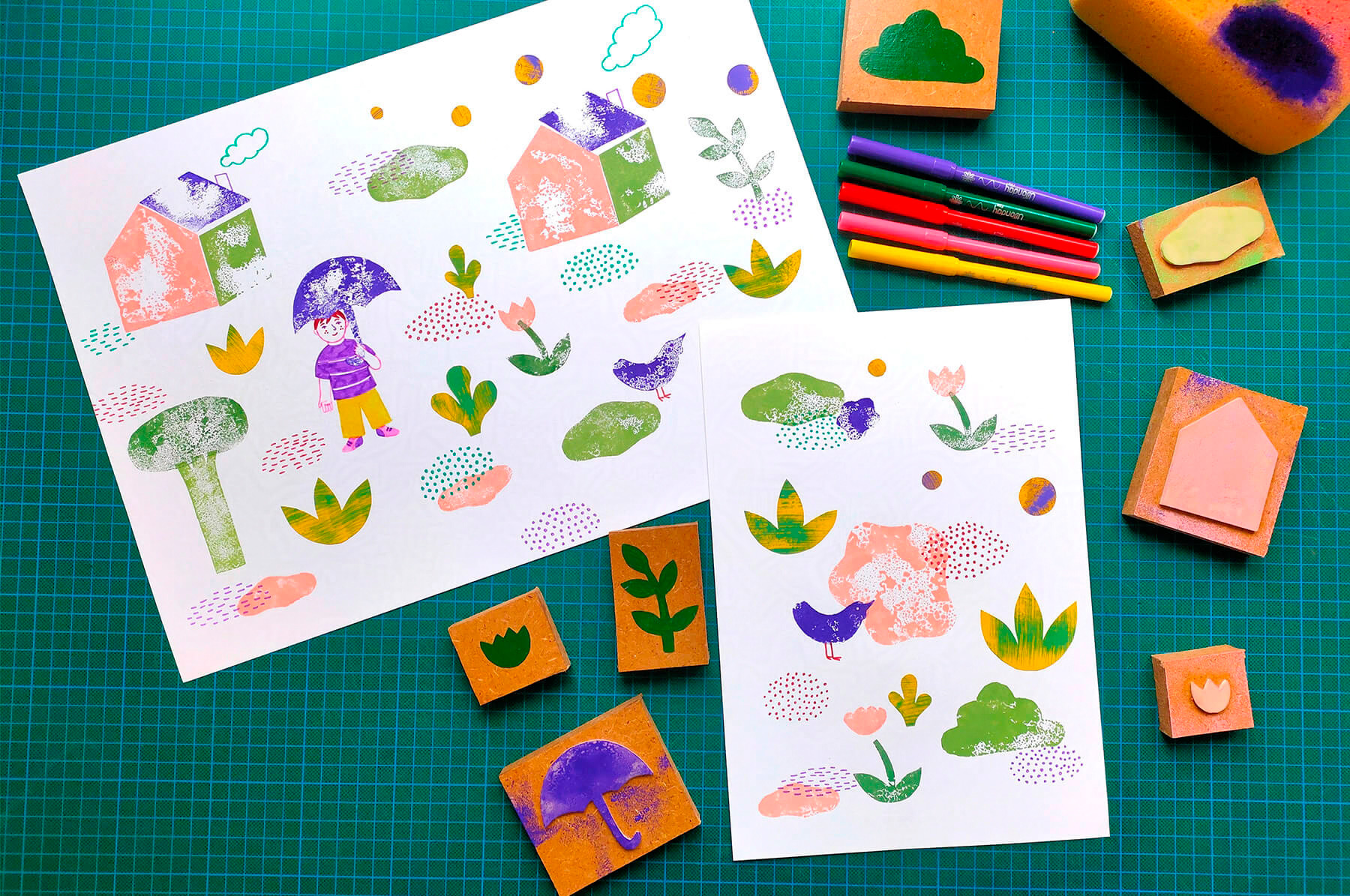 atelier créatif pour les maternelles avec des tampons, du papier découpé et des feutres en lien avec le livre jeunesse Petit bonhomme