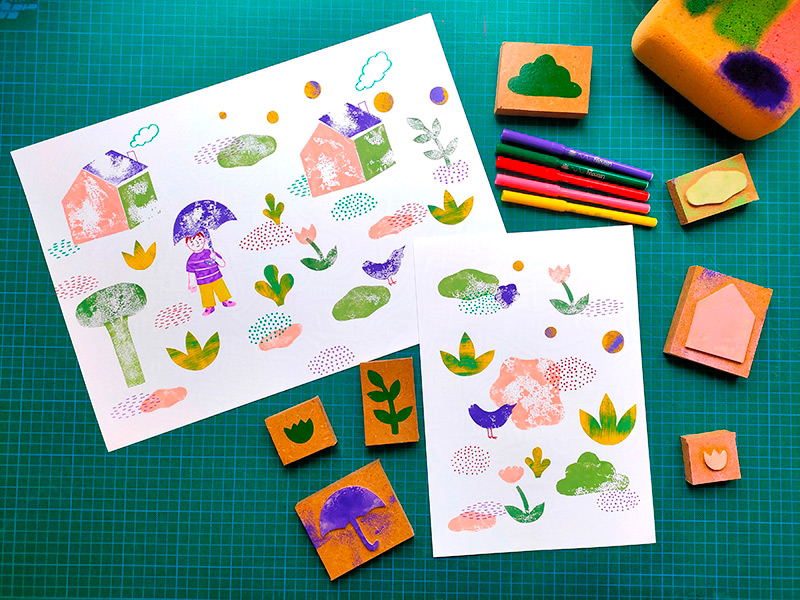 scène d'atelier créatif de tampons pour les maternelles