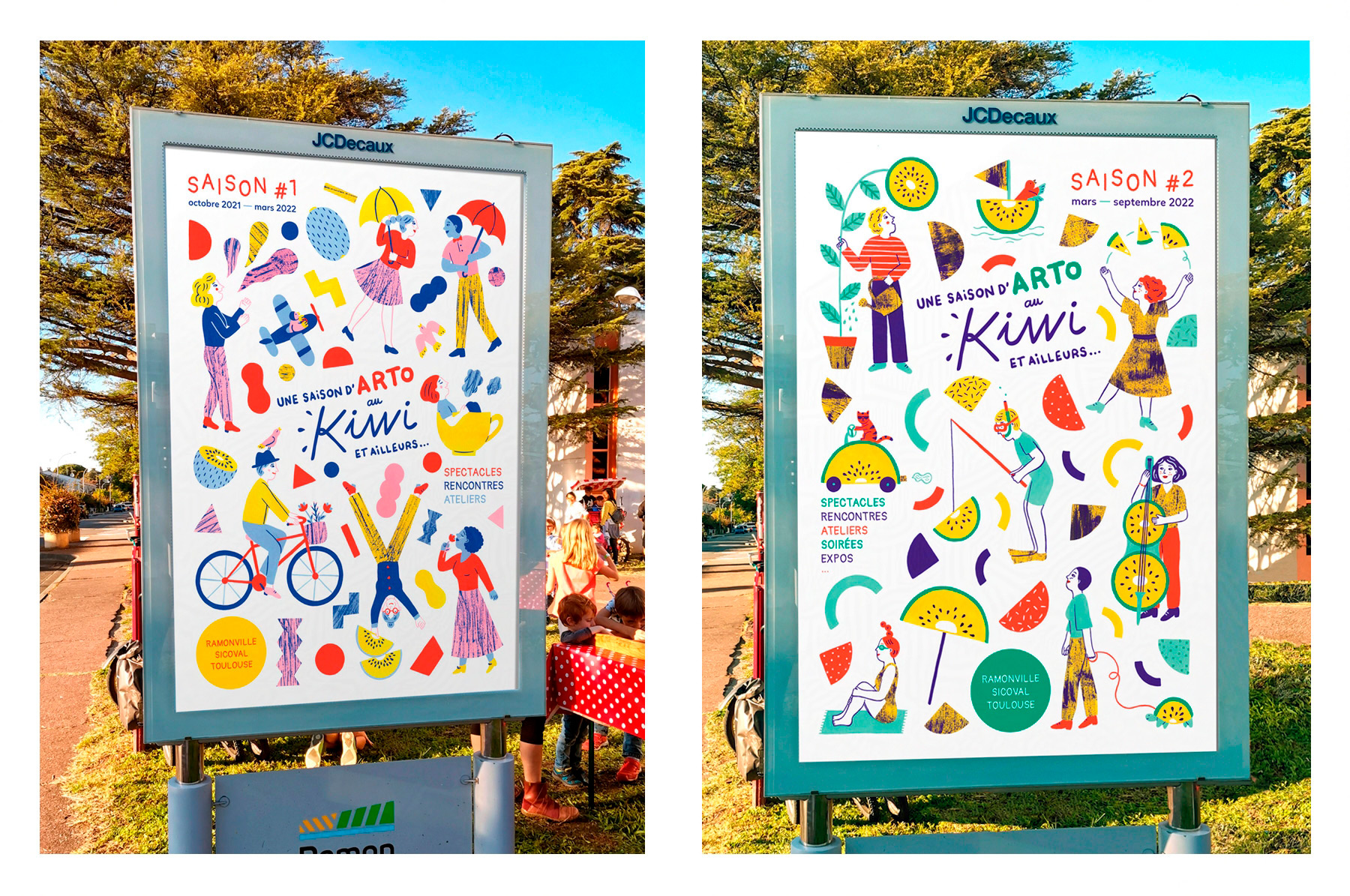 affiches illustrées du centre culturel Le Kiwi dans les rues de Toulouse