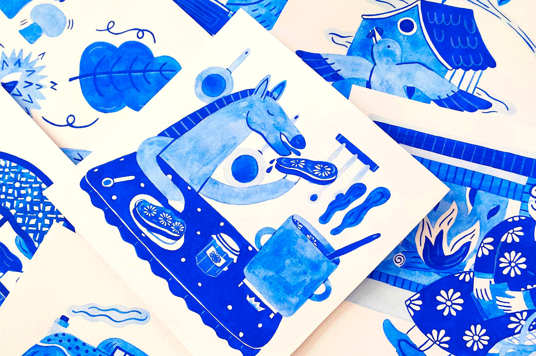 série de dessins à la peinture bleue pour le défi Inktober