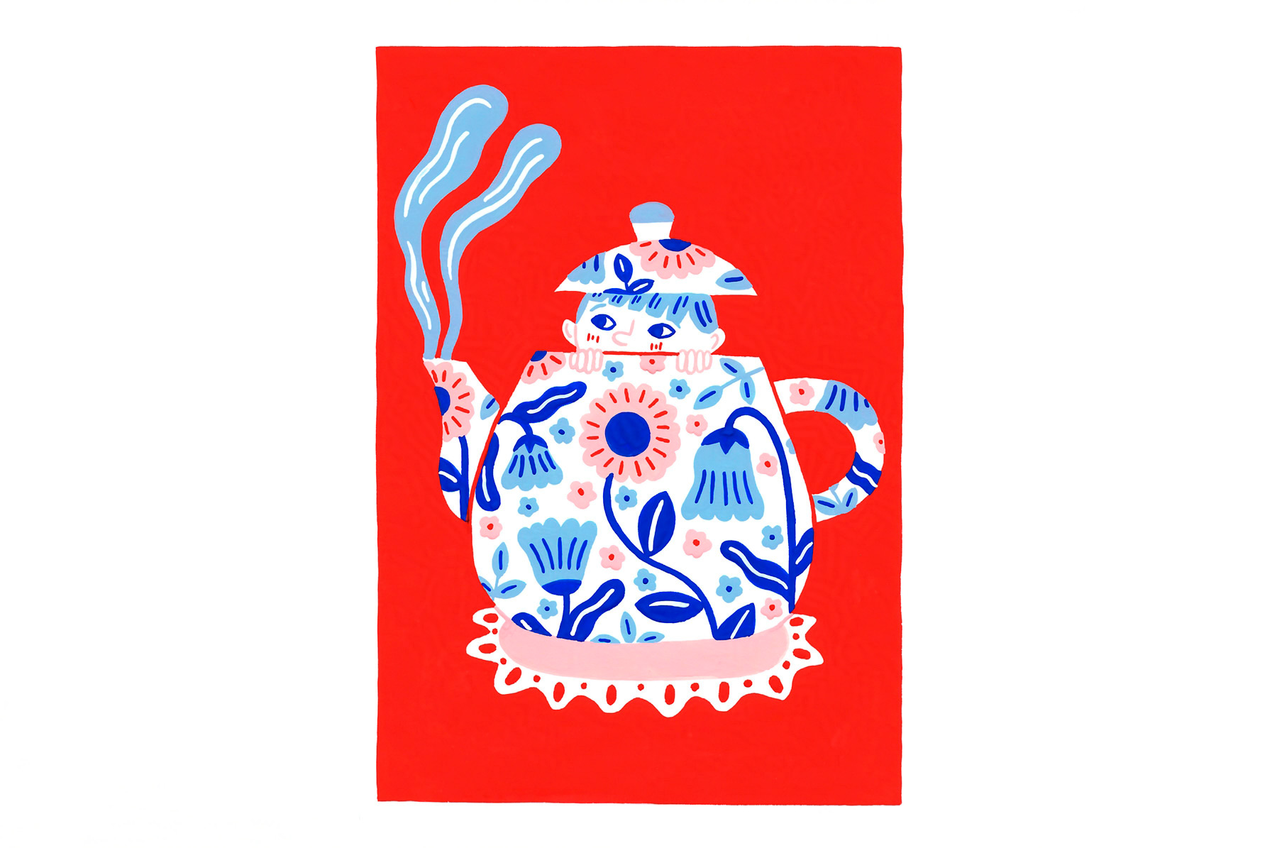 dessin créé à la peinture qui représente la lune et le soleil qui s'enlacent dans le ciel étoilé