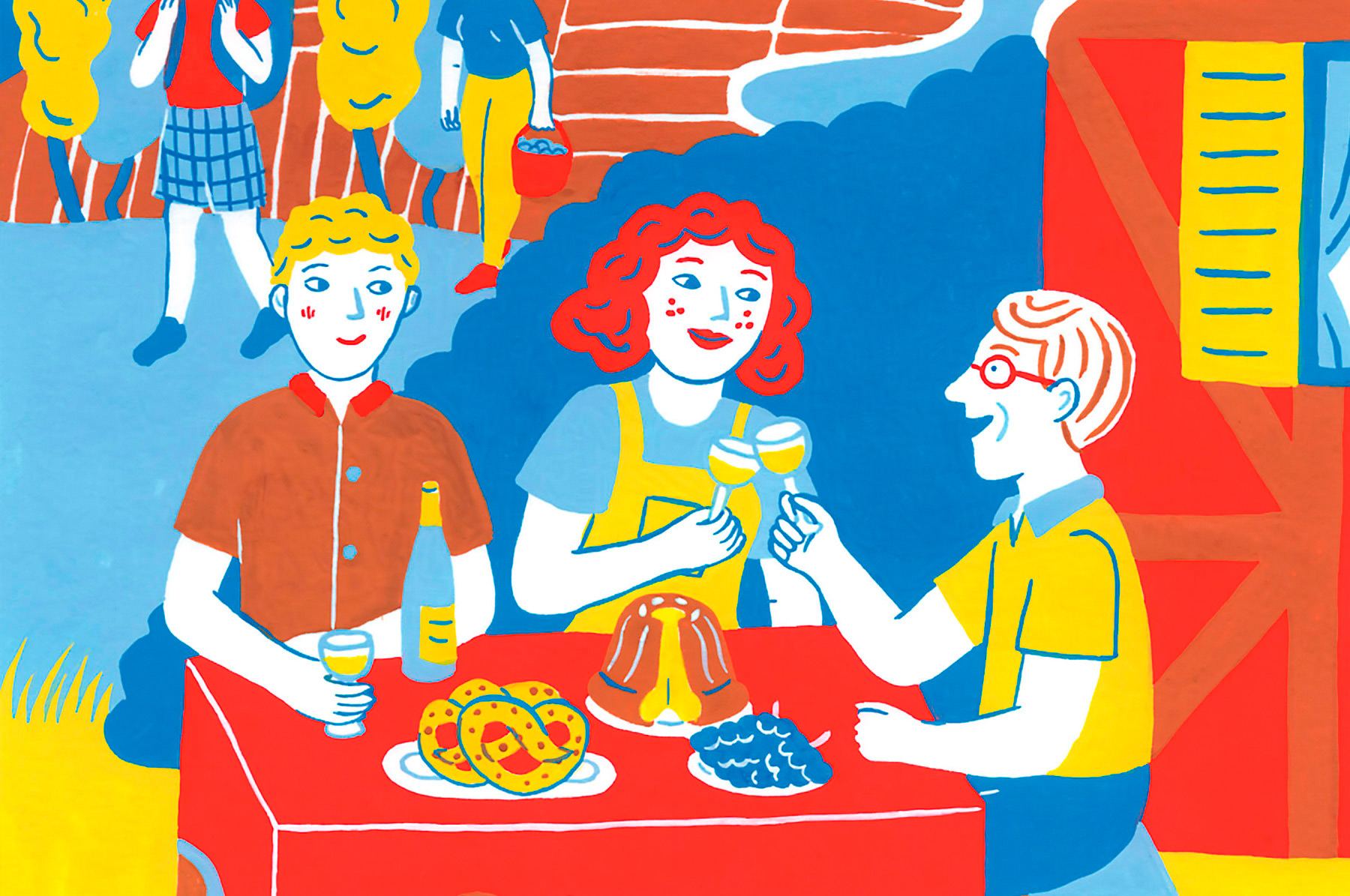 illustration à la peinture de trois personnages qui partagent de la nourriture alsacienne autour d'une table