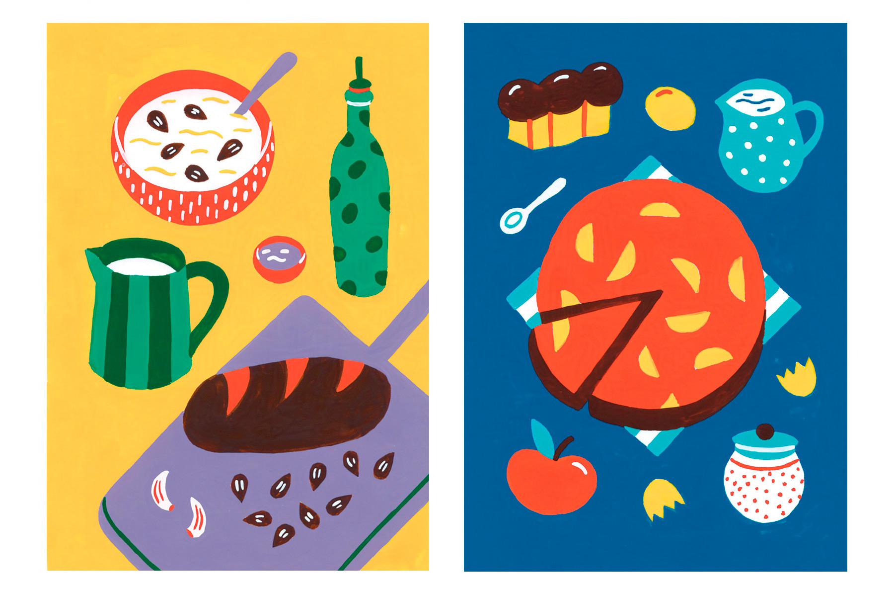 illustrations à la peinture des recettes de cuisine d'ajo blanco et de Bettelmann pour le centre culturel Franco-Allemand de Karlsruhe