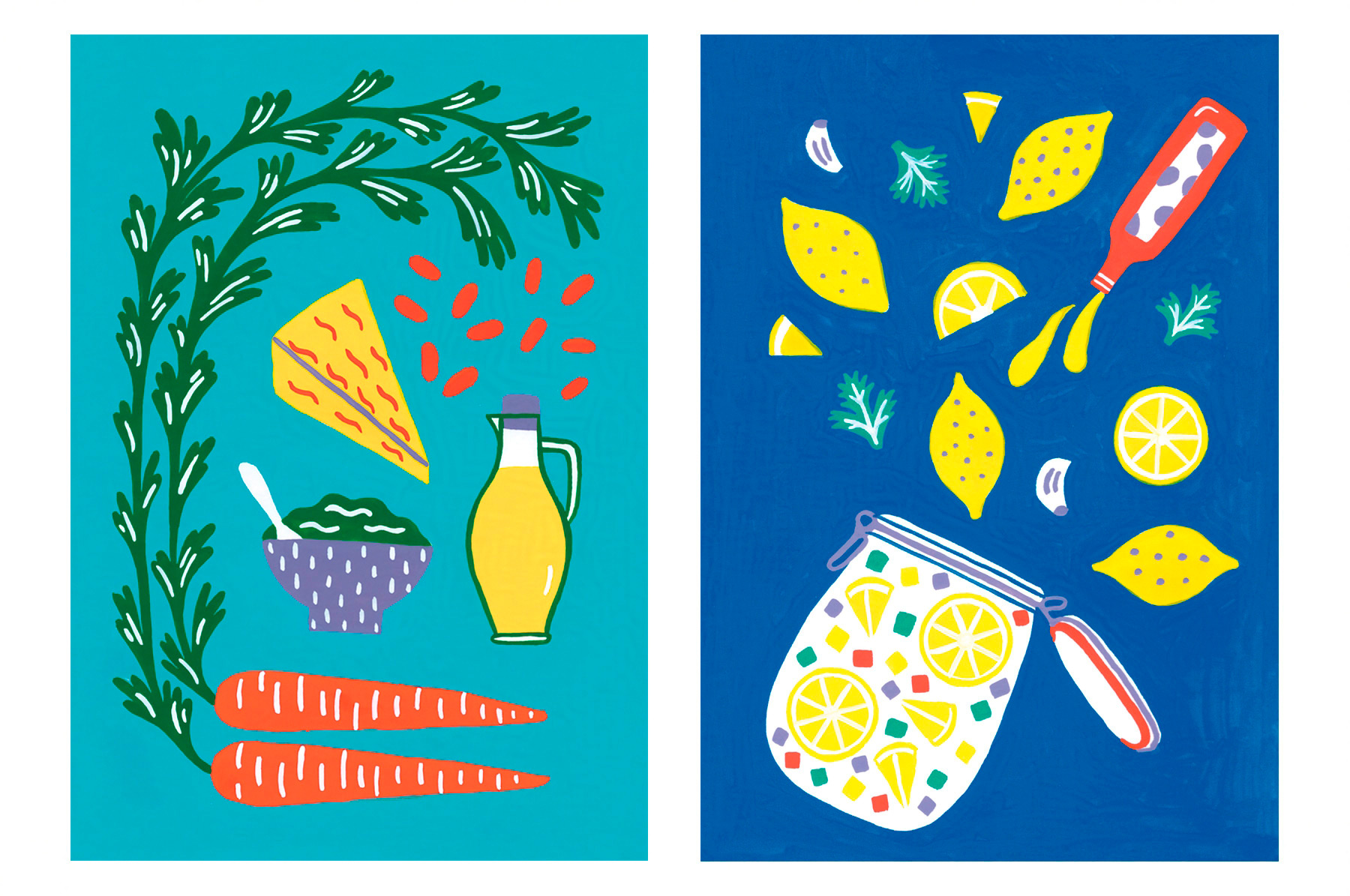 illustrations à la peinture des recettes de cuisine de pesto de fanes de carottes et de rougail de citron pour le centre culturel Franco-Allemand de Karlsruhe