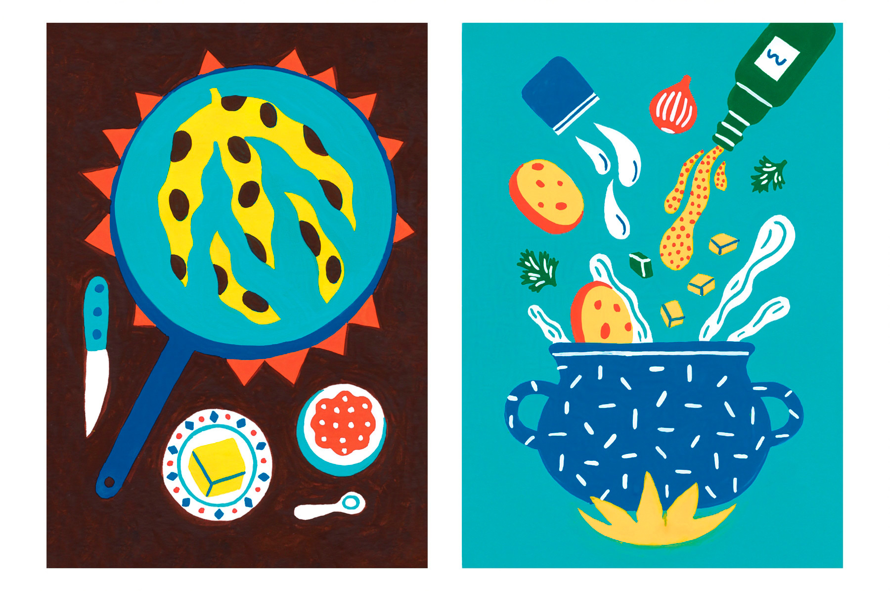 illustrations à la peinture des recettes de bacon de peau de banane et de soupe à la bière pour le centre culturel Franco-Allemand de Karlsruhe