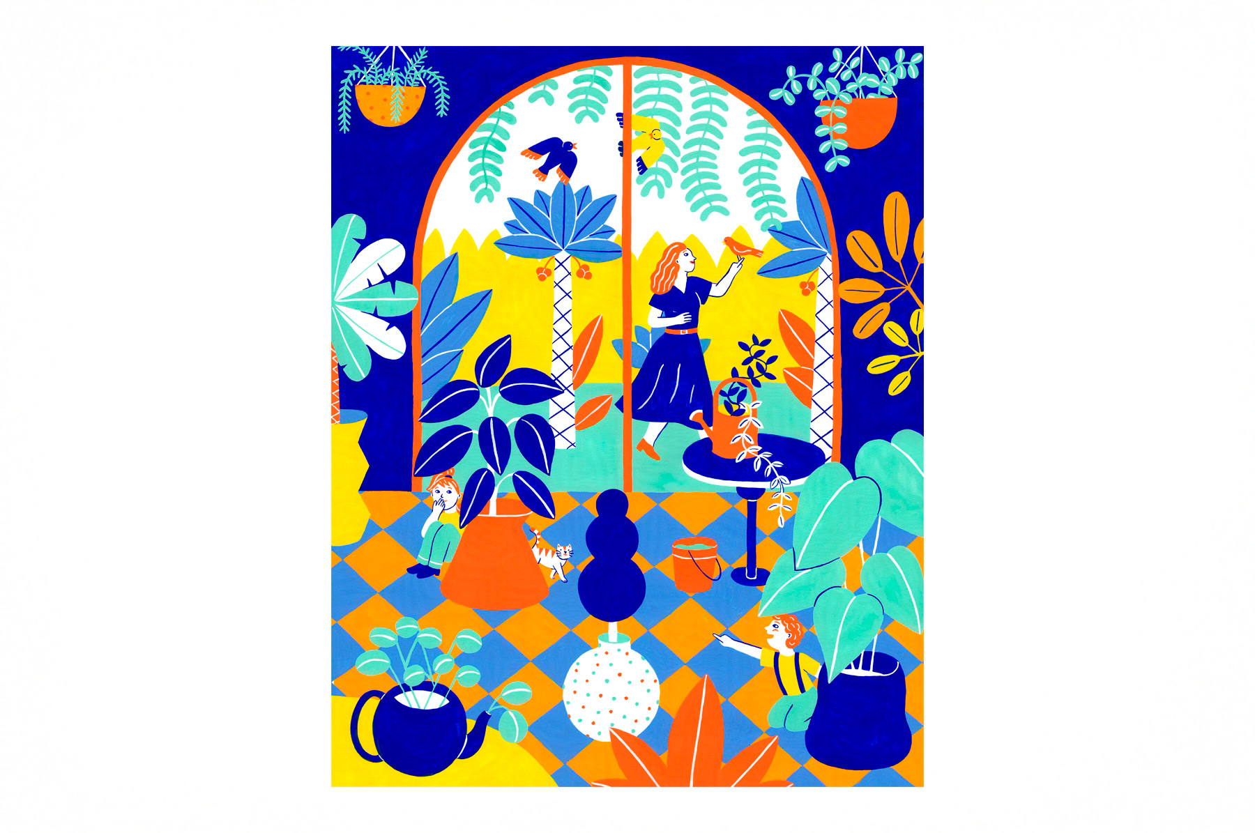 illustration d'une serre remplie de plantes avec des personnages et des oiseaux