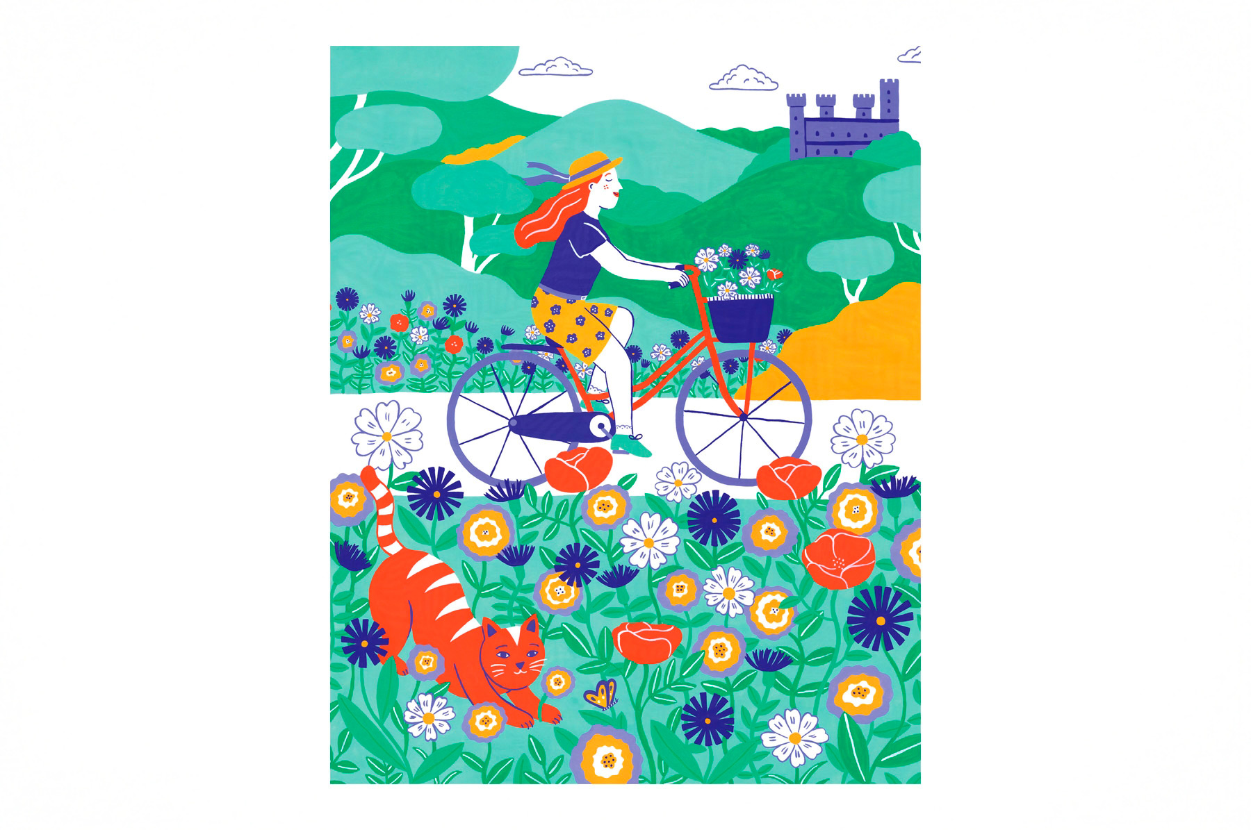 illustration d'une femme qui fait du vélo au milieu d'un champ de fleurs