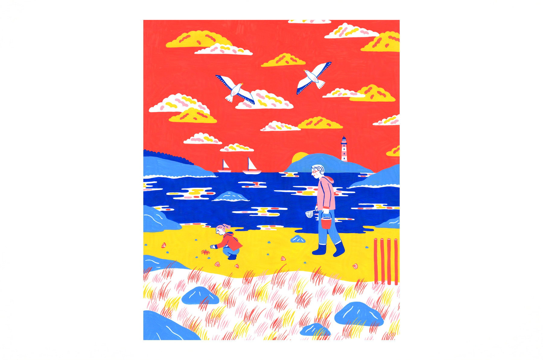 illustration d'un paysage de bord de mer avec des bateaux, un phare et des oiseaux