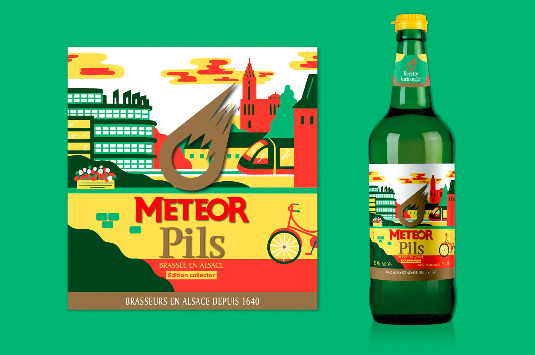 étiquette illustrée de la ville de Strasbourg sur une bouteille de bière Meteor