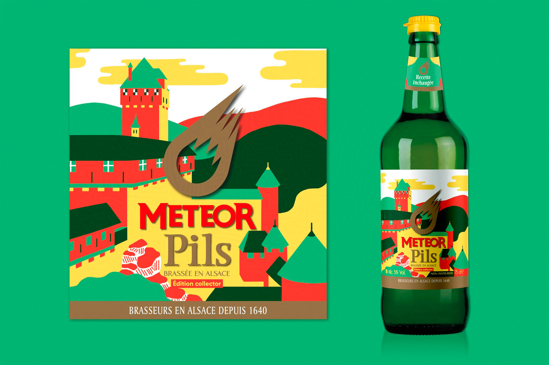 étiquette illustrée du château du Haut-Koenigsbourg sur une bouteille de bière Meteor