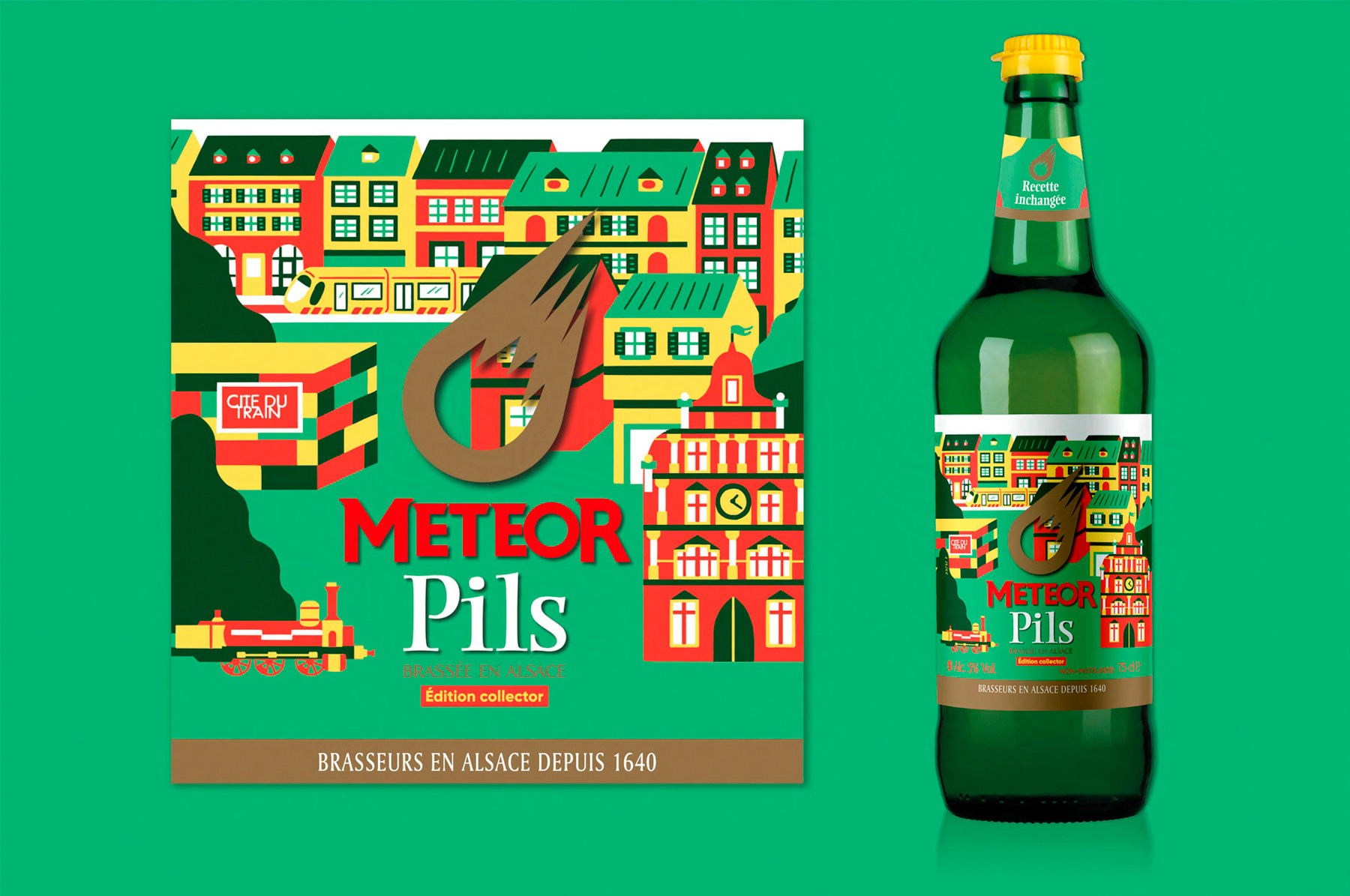 étiquette illustrée de la ville de Mulhouse sur une bouteille de bière Meteor