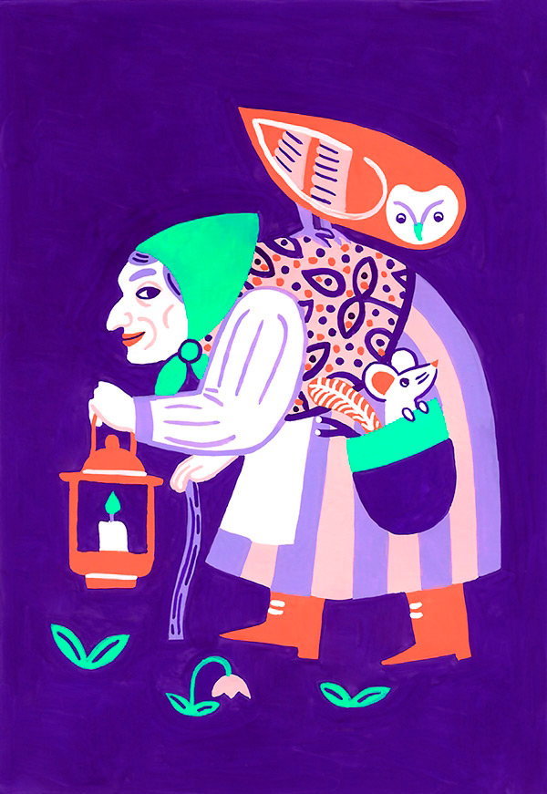 dessin à la peinture d'une vieille dame portant une lanterne