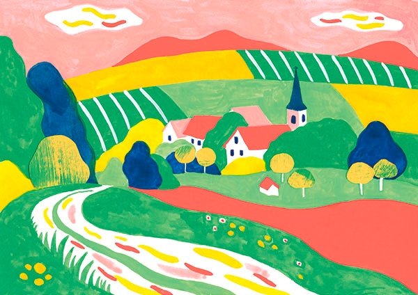 illustration à la peinture d'un paysage alsacien pour l'exposition Le grand chêne