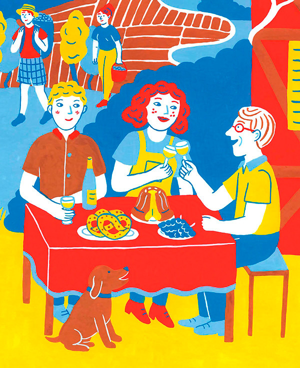 illustration à la peinture d'une scène de vendanges en Alsace pour livre Hoplà - manger alsacien