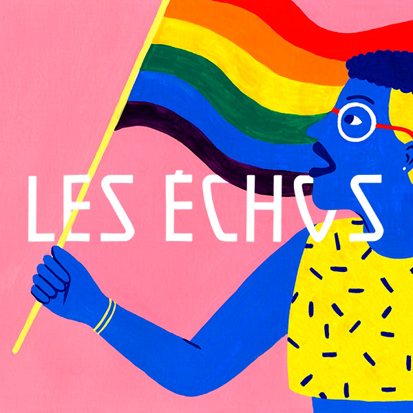 illustration d'un personnage qui tient un drapeau aux couleurs de la marche des fiertés pour le journal Les Échos