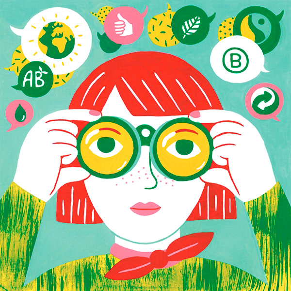 illustration d'un personnage qui observe des pictogrammes environnementaux pour les cahiers du social media club