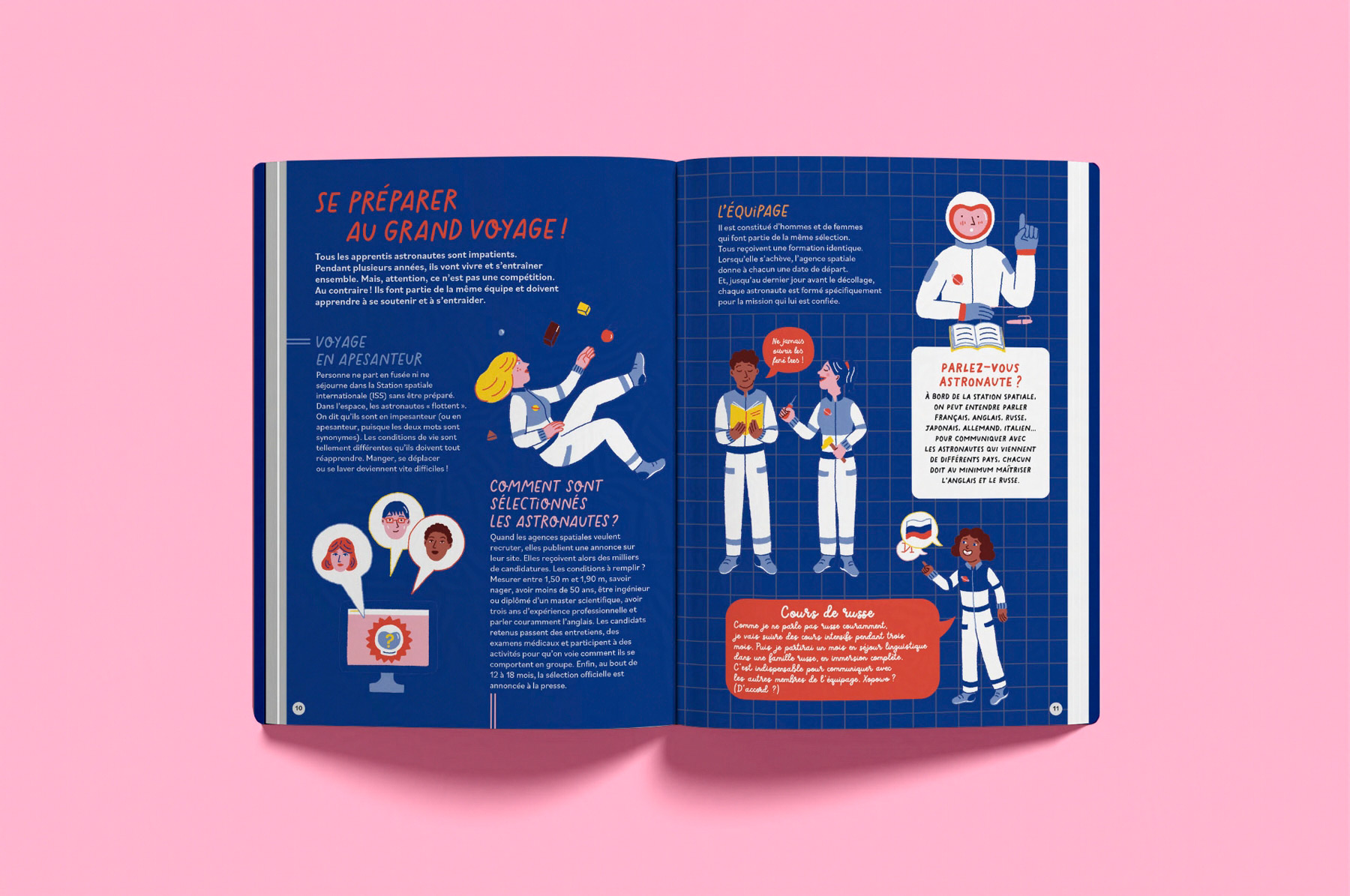 Pages d'illustrations du livre documentaire jeunesse sur le thème de l'espace Dans la peau d'une astronaute paru chez les éditions Casterman