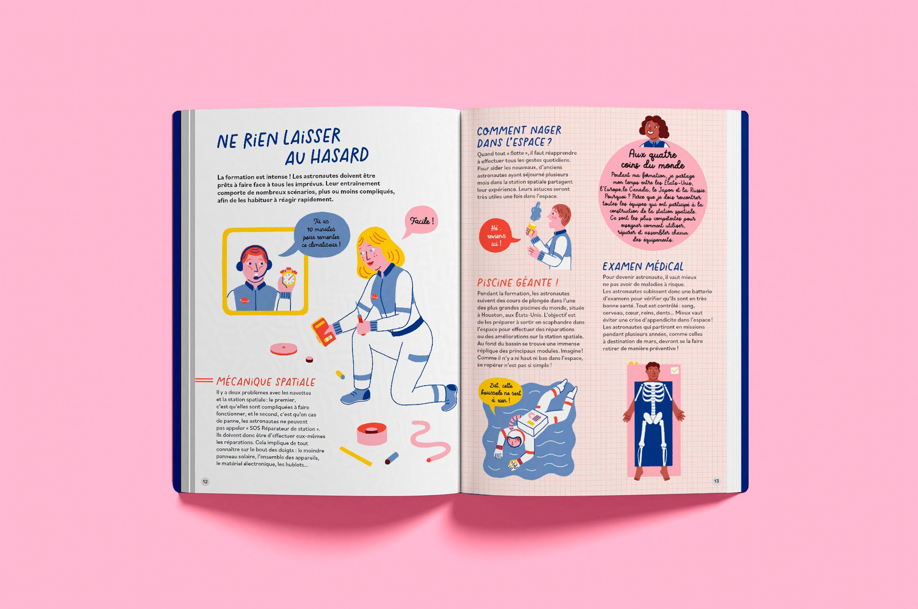 Pages d'illustrations du livre documentaire jeunesse sur le thème de l'espace Dans la peau d'une astronaute paru chez les éditions Casterman