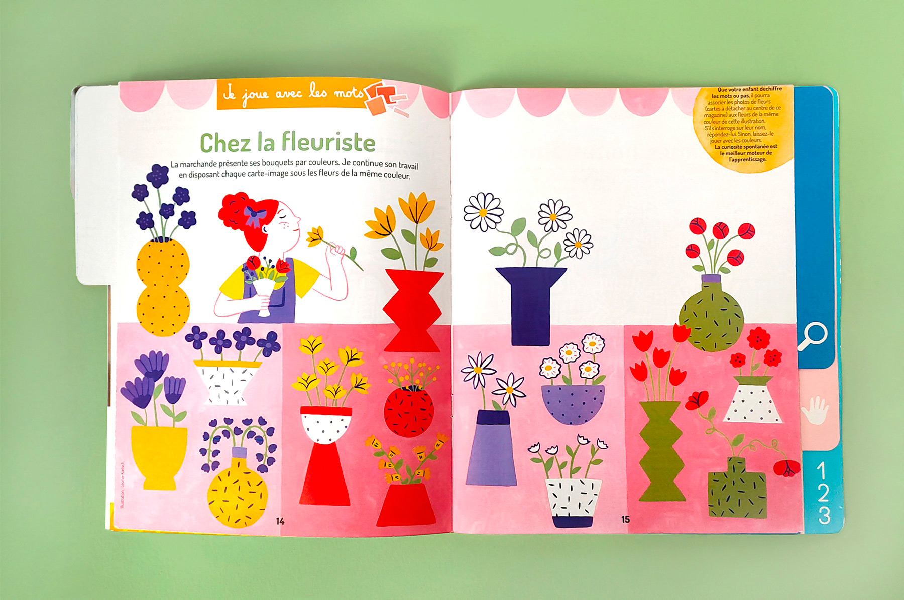 double-page illustrée de la rubrique jeux du magazine jeunesse Ma maison Montessori sur le thème des fleurs