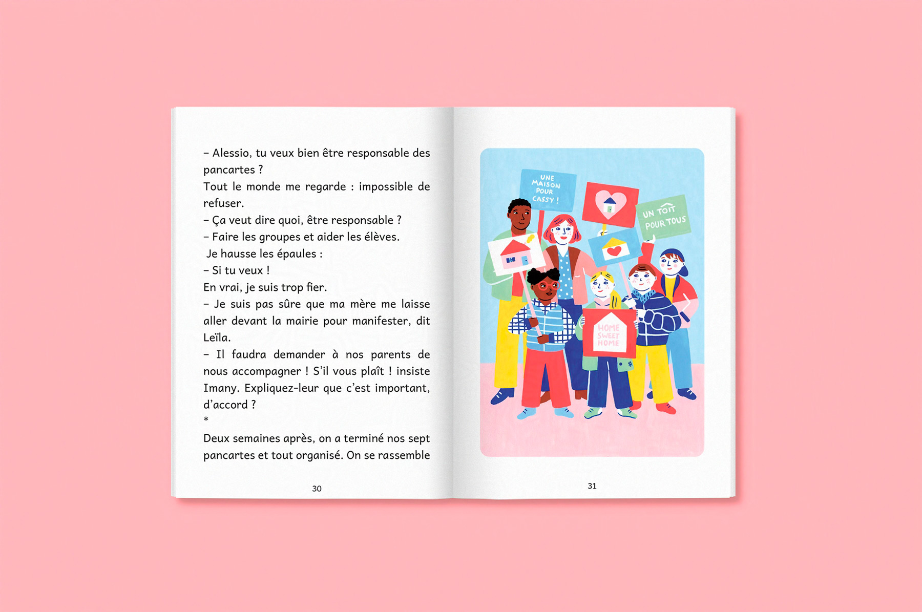 double-page avec illustration du livre jeunesse Un toit pour tous paru chez les éditions Kilowatt